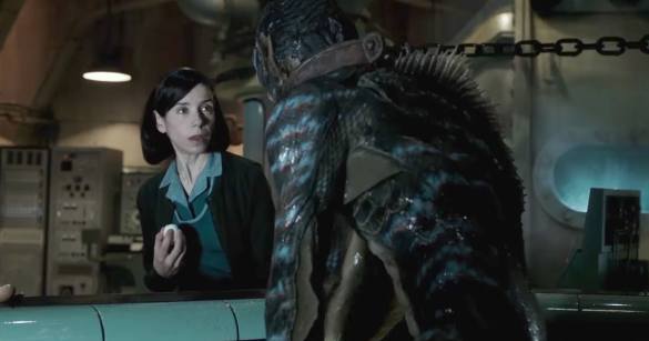 Sally Hawkins staring at amphibious creature in THE SHAPE OF WATER.