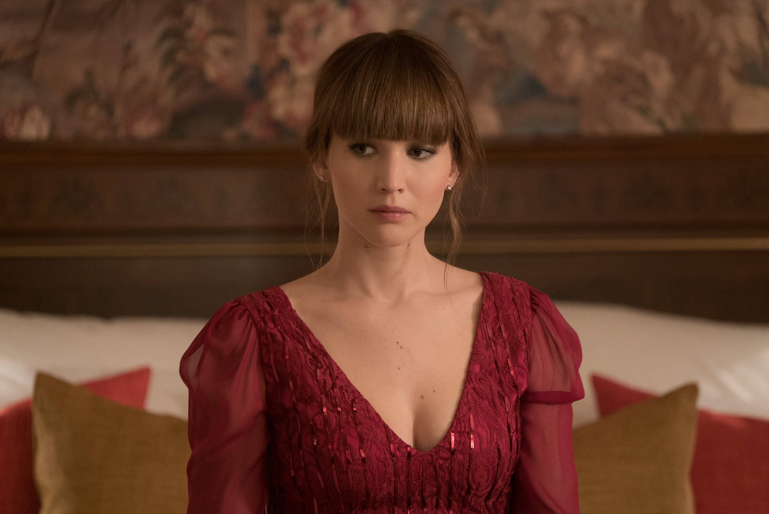 Jennifer Lawrence wearing red in RED SPARROW.