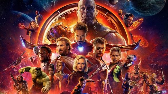 Poster showing characters in Avengers: Infinity War with Iron Man and villain Thanos at the top center.