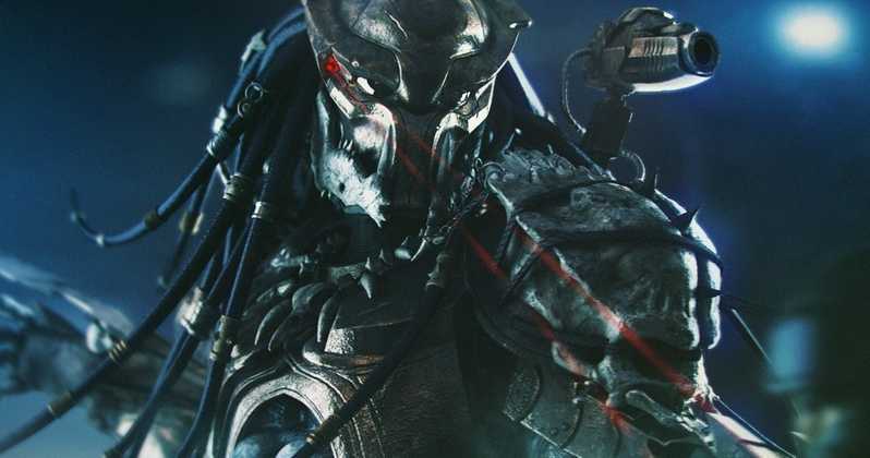 A Predator from the movie The Predator aiming a red laser from its mask at the camera with a canon on its shoulder.