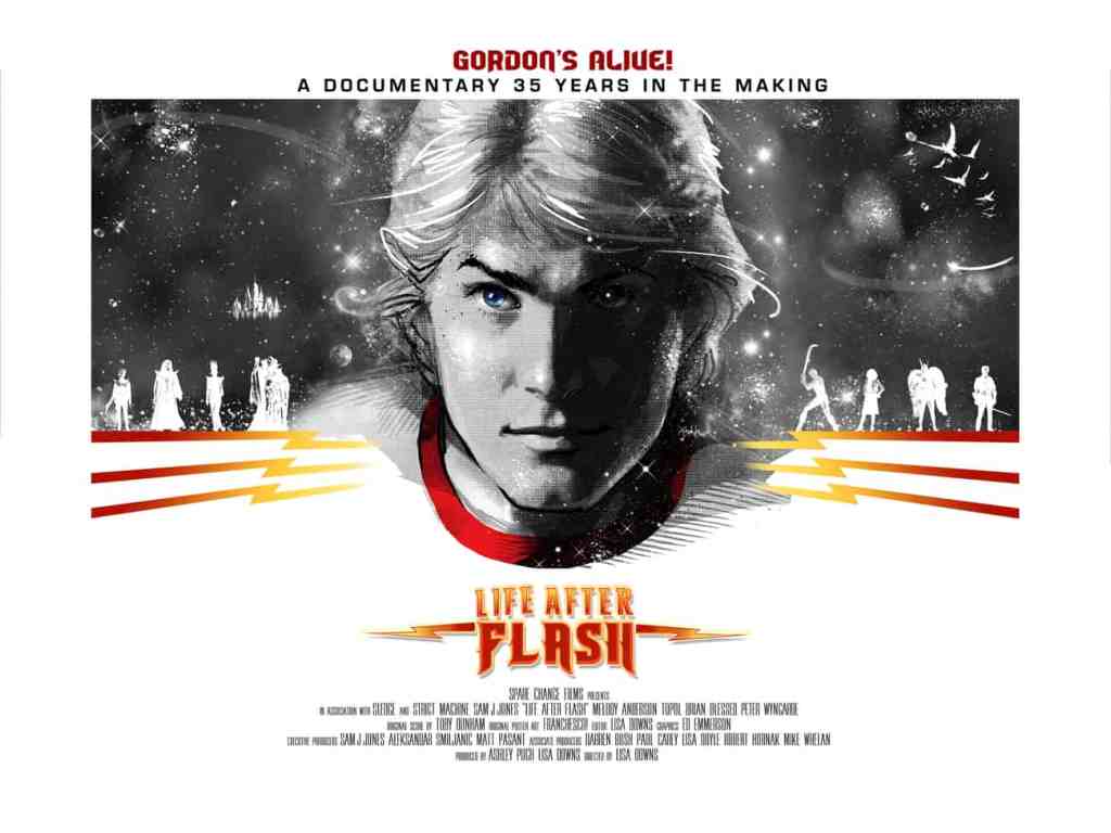 The poster for the documentary Life After Flash with a stylized image of Sam Jones in black and white with half his face in shadow.