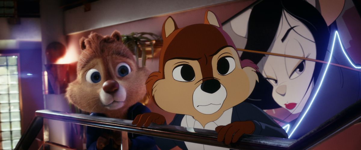 A computer animated Dale and a traditionally animated Chip look over a railing in the movie Chip 'n Dale: Rescue Rangers